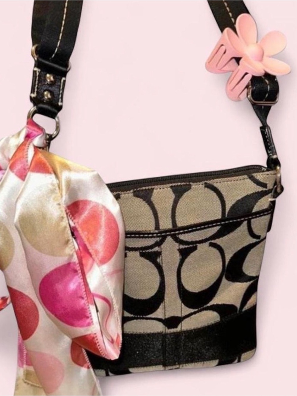 Coach Black and Tan Signature Crossbody with Pink Scarf and Flower Charm